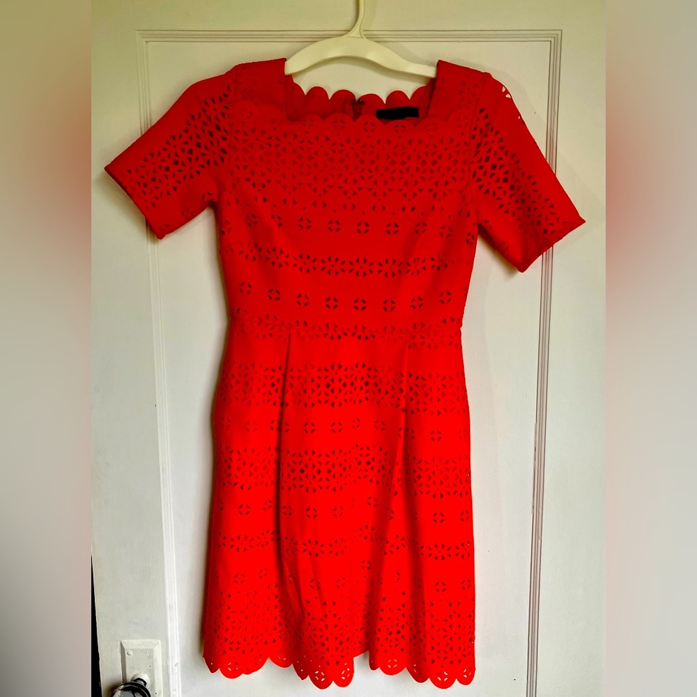 Banana Republic Orange Floral Lace Pleated Short Sleeve Dress Size Petite OP